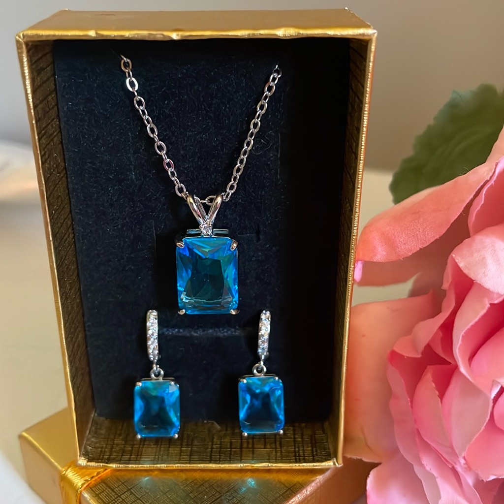 Blue Topaz (Simulated) Earrings And Necklace - New